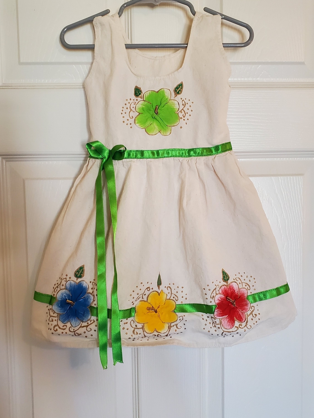 Handmade Girls Dress with Painted Flowers